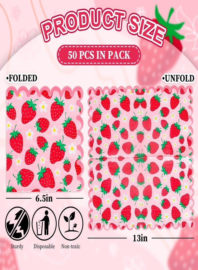 Whaline 50 Pcs Strawberry Scalloped Paper Napkins Pink Red Strawberry Flower Disposable Napkins Fruit Luncheon Dinner Napkin for Birthday Summer Party Table Supplies - Image 2